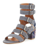 Nora Embroidered Buckle-Strap Sandal, Stone/Blue