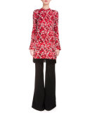 Long-Sleeve Intarsia Split-Hem Tunic, Red/Combo