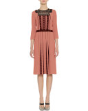 3/4-Sleeve Lace & Pleated Crepe Dress, Dusty Rose