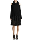 Frances Pleated Lace-Paneled A-Line Skirt, Black