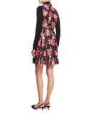 sleeveless tie-neck floral silk pleated dress, black