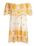 Angelique Off-the-Shoulder Tropical Lace Coverup Dress, White with Mango