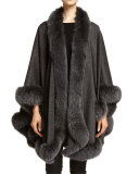 Cashmere Fox Fur-Trim Cape, Charcoal
