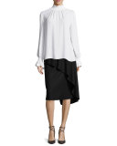 Briella Smocked Mock-Neck Silk Blouse, White