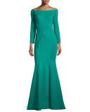 Off-the-Shoulder Ponte Mermaid Gown, Green