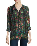 Emby Button-Front Floral-Print Blouse, Black/Multi