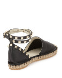 Rockstud Leather Ankle-Wrap Espadrille Flat, Black/Ivory