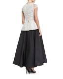 Embroidered V-Neck Cap-Sleeve Peplum Gown, Black/White