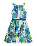 Sleeveless Floral Pleated Dress, Blue, Size 7-14