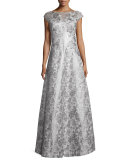 Cap-Sleeve Floral Metallic Ball Gown, Silver