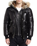 Leather Down Bomber Jacket w/Coyote & Rabbit Fur Trim, Black