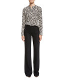 Harmony Silk Animal-Print Pintucked Blouse, White/Brown