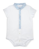 Tannar Check-Placket Jersey Playsuit, Ice Blue/White, Size 3-24 Months