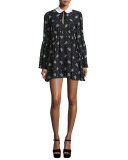 Lily Long-Sleeve Printed Mini Dress, Black/Ivory