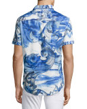 Watercolor Baroque Short-Sleeve Sport Shirt, Blue