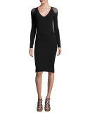 Illusion Long-Sleeve Tulle Sheath Dress, Black