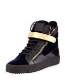 Men's Velvet High-Top Sneaker with Golden Bar, Navy