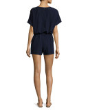 Lace-Trim Belted Silk Romper Coverup, Navy