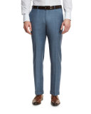 Sharkskin Wool Flat-Front Trousers, Light Blue