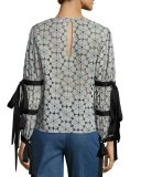 Eyelet Tie-Sleeve Blouse, Gray