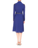 Studded Long-Sleeve Belted Shirtdress, Royal Blue