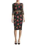 3/4-Sleeve Rose-Embroidered Dress, Black/Red