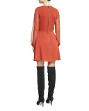 Cary Long-Sleeve Stretch Silk A-Line Dress, Dark Orange