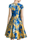 Short-Sleeve Floral Jacquard Fit & Flare Dress 