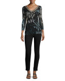 Embroidered V-Neck Abstract-Print Tulle Top, Black/Blue