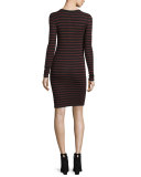 Long-Sleeve Striped Henley Jersey Dress, Rust/Black