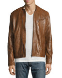 Laser-Cut Leather Racer Jacket, Brown