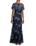 Short-Sleeve Embroidered Tulle Gown, Blue/Gray