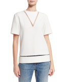 Sheer-Inset Short-Sleeve Boxy Blouse, Bone