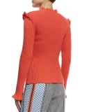 Ribbed Cashmere Ruffle-Trim Sweater, Bright Coral