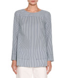 Striped Jewel-Neck Blouse, White/Blue