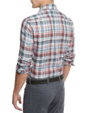 Plaid Linen Sport Shirt, Medium Red Check