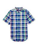 Short-Sleeve Madras Plaid Shirt, Blue/Green, Size 2T-4T