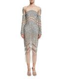 Crystal and Sequins Long-Sleeve Cocktail Dress, Silver