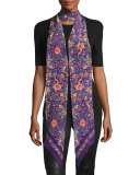 Long Skinny Floral Silk Scarf, Purple