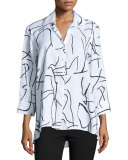 3/4-Sleeve Graffiti-Print Trapeze Top, White/Black 