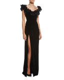 Floral-Appliqué High-Slit Velvet Gown, Black