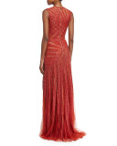 Sleeveless Linear-Beaded Gown, Cadillac