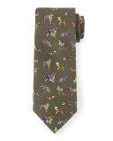 Silk Dog-Print Tie, Green Multi