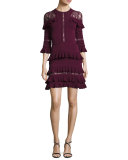 Ruffled Lace-Inset 3/4-Sleeve Dress, Cherry