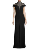 Sleeveless Embellished Crepe Gown, Black