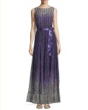 Sleeveless Paneled Floral Gown, Purple/Multicolor
