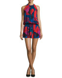 Paris Sleeveless Jewel-Neck Printed Dress, Sangria/Multi