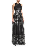Sleeveless Metallic Printed Flowy Gown 