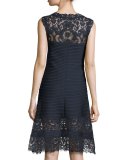 Sleeveless Lace-Trim Pintucked A-Line Dress, Blue