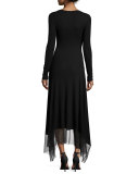 Long-Sleeve V-Neck Dress W/ Mesh-Hem 